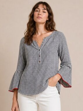 Talbots x O The Oprah Magazine Gingham Poplin Blouse Bell Sleeve Large Garden L